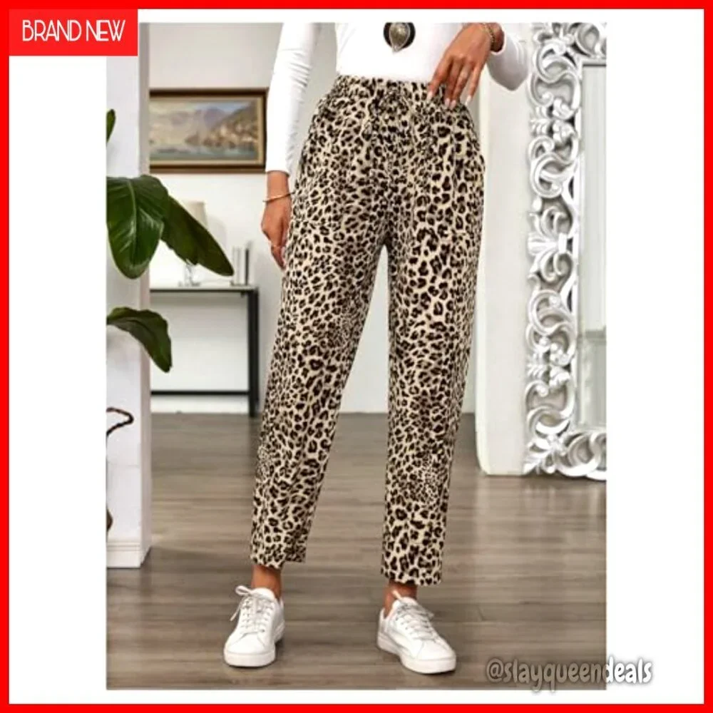 Women's Leopard Print Pants Elastic Waist Straight Leg Casual Trousers with